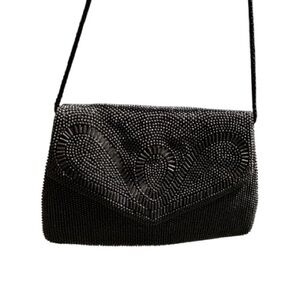 Vintage Black Beaded Double Flap Women's Bag